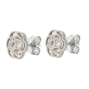 View Diamond Cut Textured Flower Stud Earrings in White Gold image 4