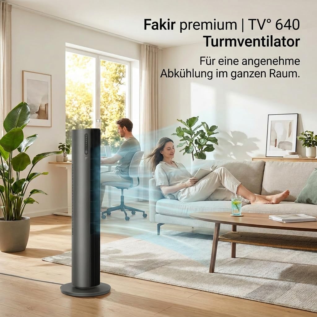 Fakir premium TV° 640 Turmventilator - Leiser Lüfter mit 32dB(A), DC-Motor, 12 Stufen, 12h Timer, LED-Display, Fernbedienung & 90° Oszillation,