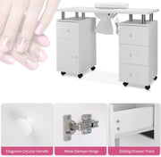 View Manicure Table Nail Desk for Nail Tech w/Electric Dust Collector & Wrist Rest, Acetone Resistant Top Beauty Salon Nail Supplies Decor Station w/Lockable Wheels, Cabinet, Drawer (White) image 3