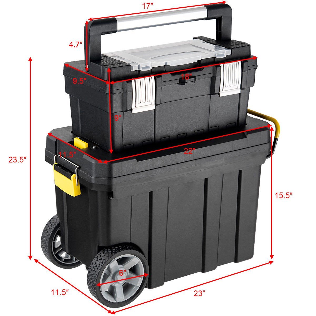 2-in-1 Rolling Toolbox, Portable Plastic Tool Organizer and Storage Box Set