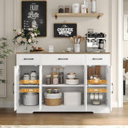 View Drawer-equipped buffet-style cabinet, 55-inch large side cabinet-style storage unit with shelves and 4 doors, modern country-style coffee bar-style cabinet, wooden kitchen and dining room storage unit, white/rustic style image 4