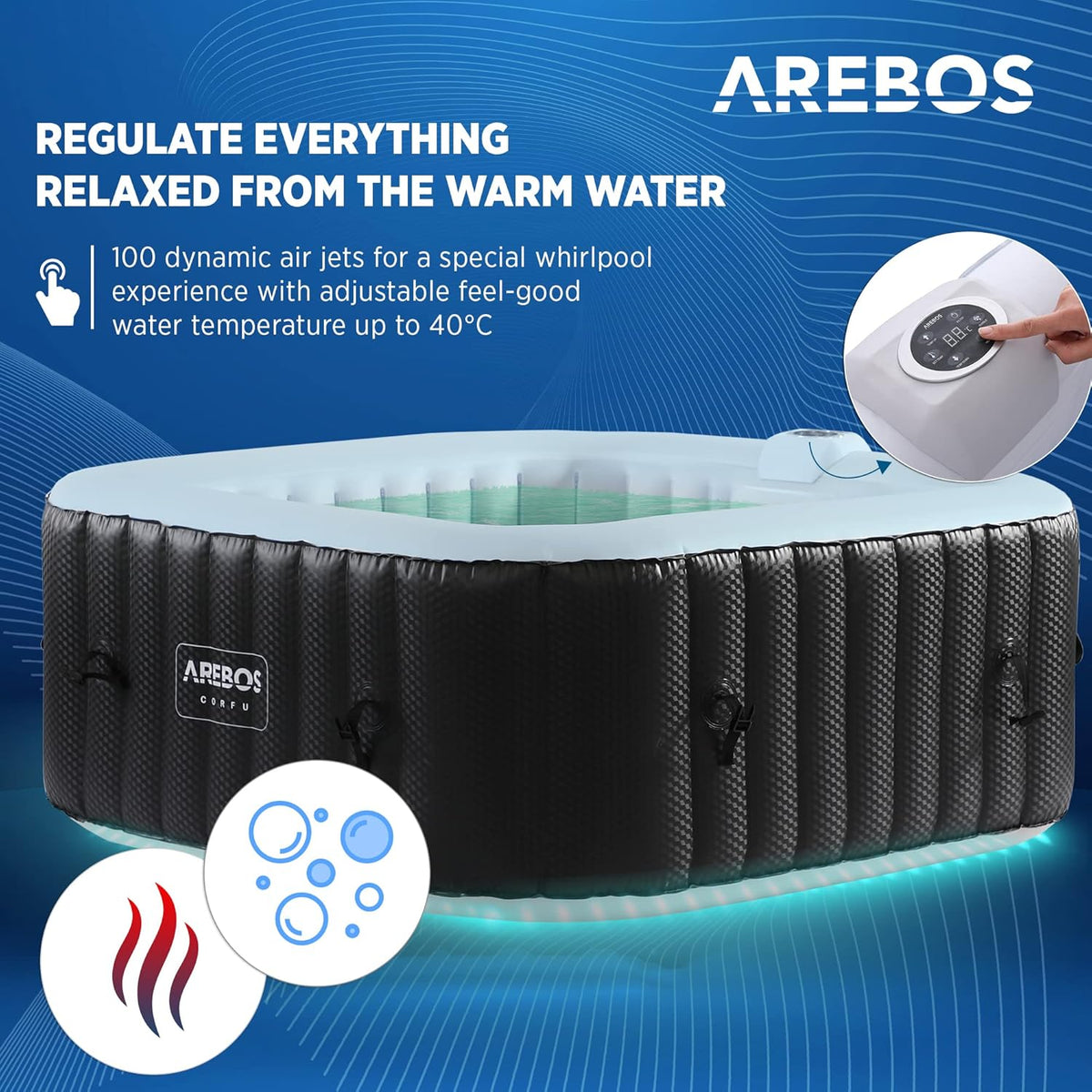 Arebos Whirlpool | 154 x 154 cm | mit LED-Beleuchtung | aufblasbar | quadratisch | In- & Outdoor | 4 Personen | 100 Massagedüsen | mit Heizung | 600 L