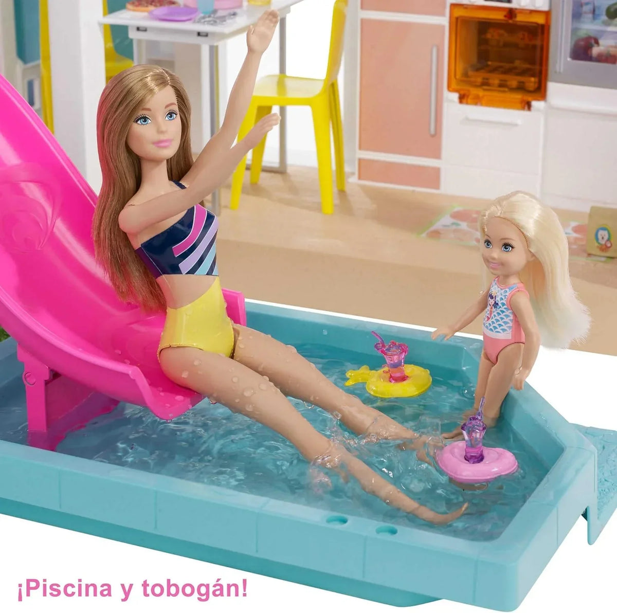 Barbie Casa de Muñecas Dreamhouse - con Piscina, Tobogán y Ascensor - Luces y Sonido - 75+ Piezas - 104 x 109 cm - Regalo para Niños de 3-7 Años,