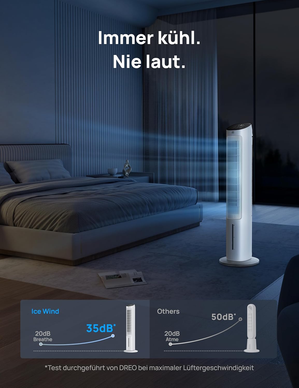 DREO Turmventilator mit Kühlung leise, Ventilator mit Wasserkühlung, 102 cm Luftkühler, Verdunstungskühler mit 80° Schwenkfunktion, 3 Modi, 4