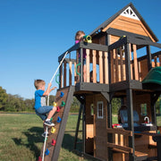 View Backyard Discovery Canyon Creek Cedar Wood Swing Set with Wave Slide, Clubhouse, Play Kitchen, Picnic Area, Belt Swings, Web Swing, Rock Wall, Balconies, Playhouse, Step Ladder, Outdoor Playset image 3