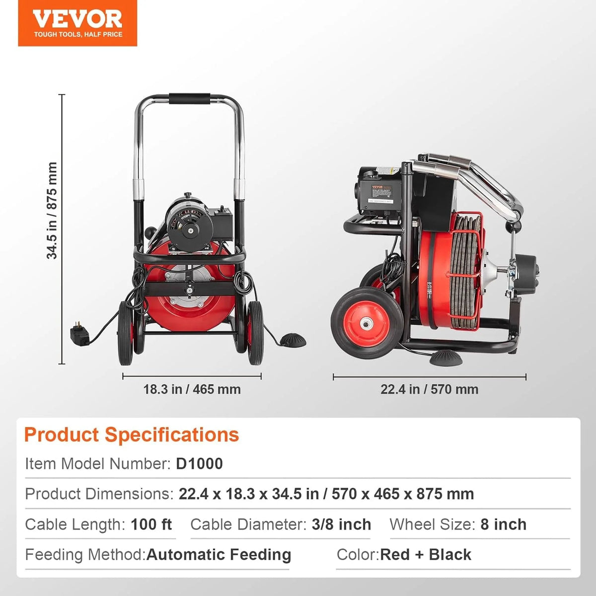 550W Drain Cleaning Machine, 100-Ft. x 1/2-Inch Sewer Snake Auger with 8 Cutters, Wheels and Foot Switch, for 2-4-Inch Pipes