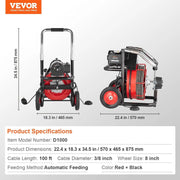 View 550W Drain Cleaning Machine, 100-Ft. x 1/2-Inch Sewer Snake Auger with 8 Cutters, Wheels and Foot Switch, for 2-4-Inch Pipes image 4