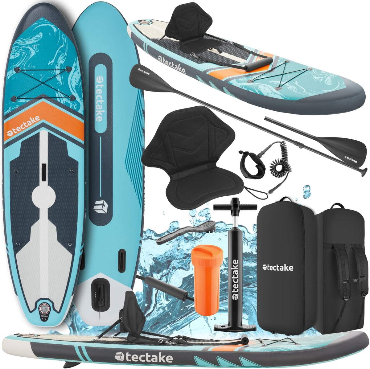 tectake Tabla de Paddle Surf Hinchable, Incluye Remo 2 en 1, Asiento de Kayak, Bomba de Aire, Mochila de Transporte, Stand Up Paddle, Accesorios