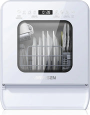 View Desktop dishwasher set, double-layer shelf design, portable dishwasher, built-in 5-liter water tank, 3 spray arms, 12-hour delay start, no need to connect power supply, white model image 1