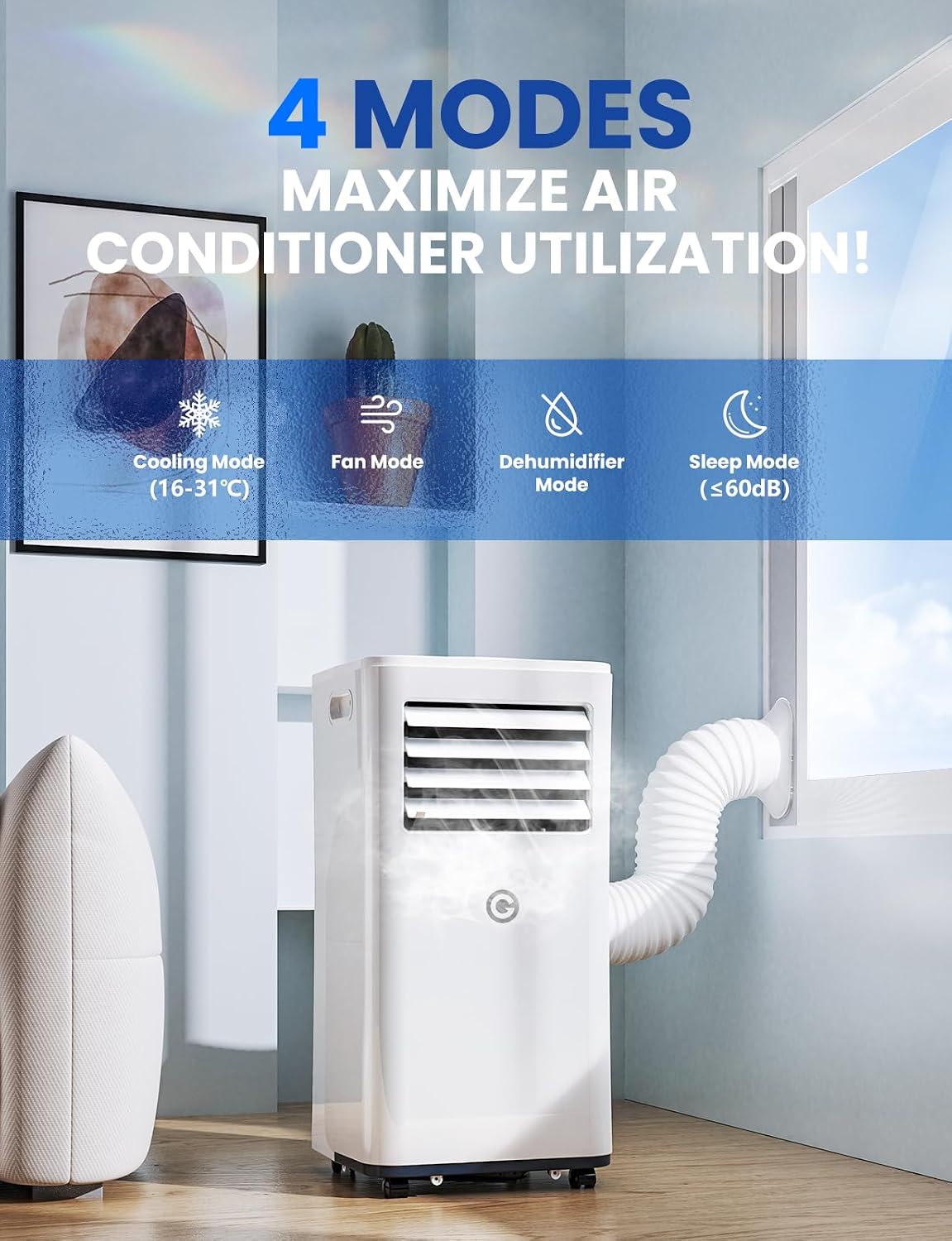9000 BTU Aire Acondicionado Portátil, 4 en 1: Refrigeración, Ventilador, Deshumidificador y Modo Sueño, Silencioso, con Mando, Temporizador 24h y Kit