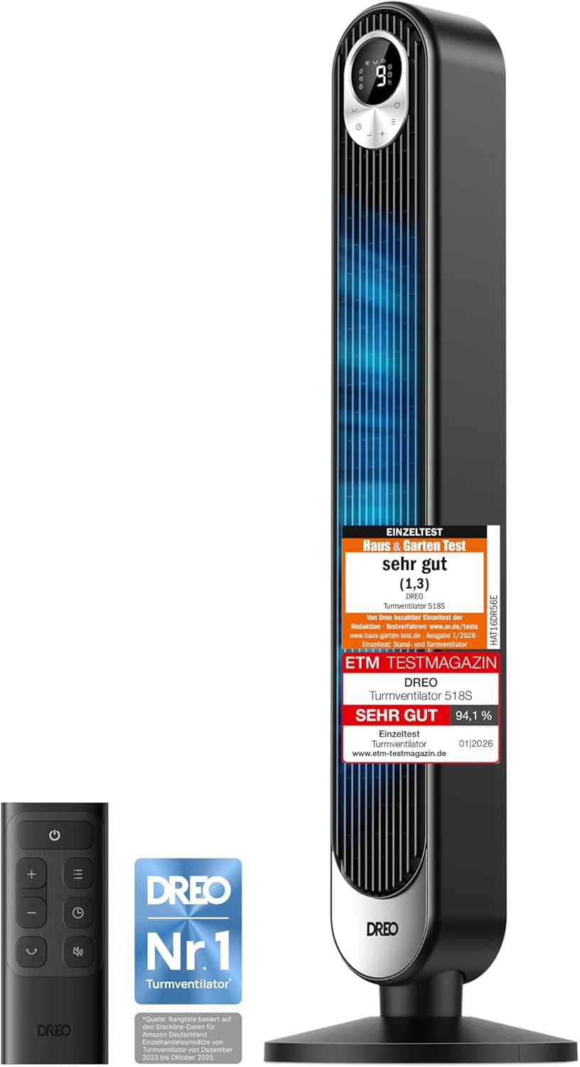 DREO DC Motor Turmventilator Leiser, 11M Windentfernung Ventilator mit Kühlung Fernbedienung, 9 Stufen 4 Modi, 90° Oszillierender Stand Ventilatoren