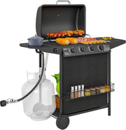 View 4 1 Burner Propane Gas BBQ Grill, Portable Gas Barbecue Grill with Side Burner, Thermometer, Lid, Side Table, Shelf, Spice Rack, Wheels, Grease Cup for Garden, Black image 1