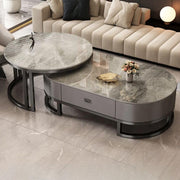 View Ovaler Couchtisch aus Stein, 2er-Set, Wohnzimmer-Mitteltisch mit Schublade, Beistelltisch aus Glas, Schwarz/Grau – Grau, (99,9 cm L x 49,9 cm B x 40,6 image 1
