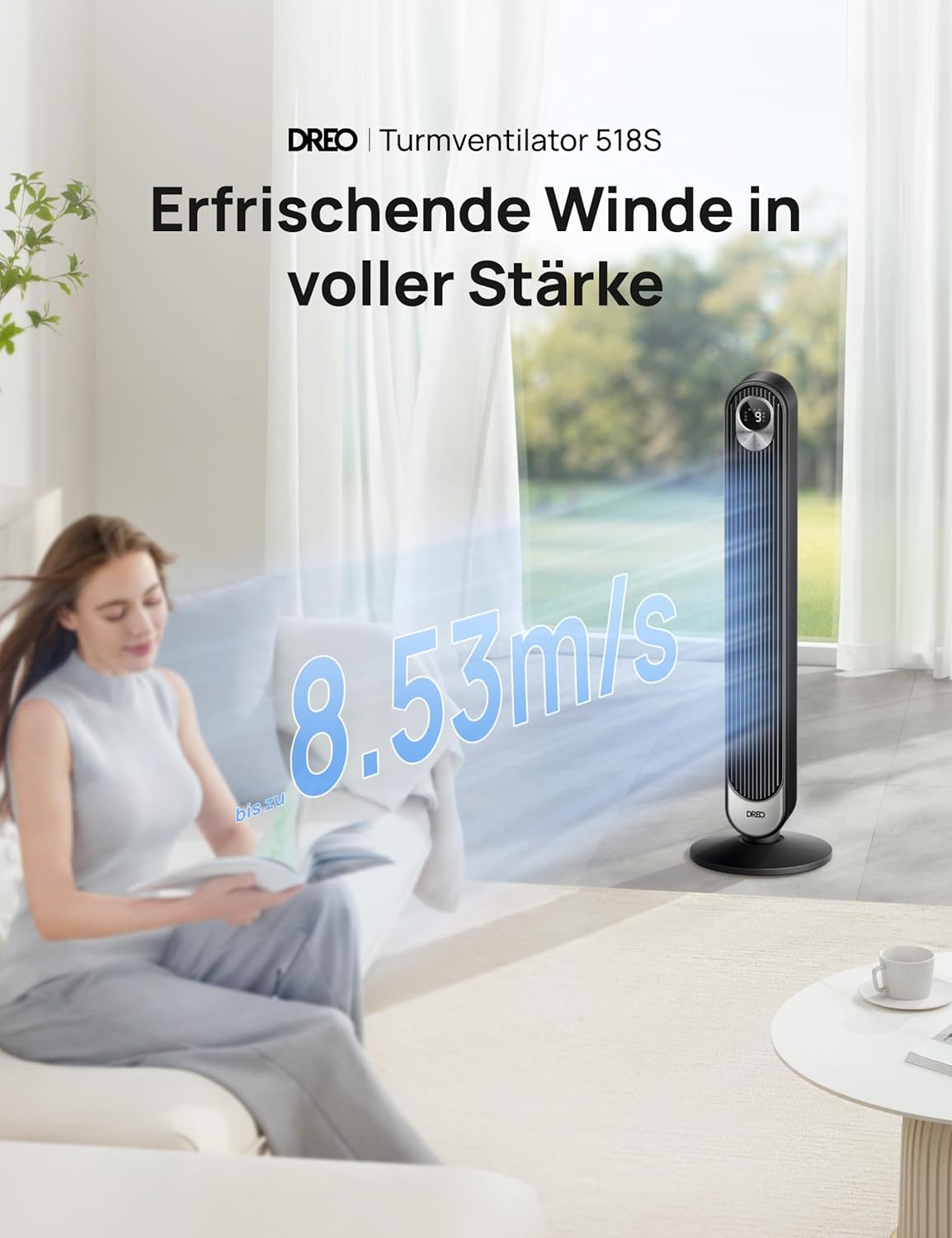 Dreo Smart 20dB DC Motor Turmventilator Leiser, 11M Windentfernung Ventilator mit Fernbedienung,9 Stufen 4 Modi, 90° Oszillierender Standventilator