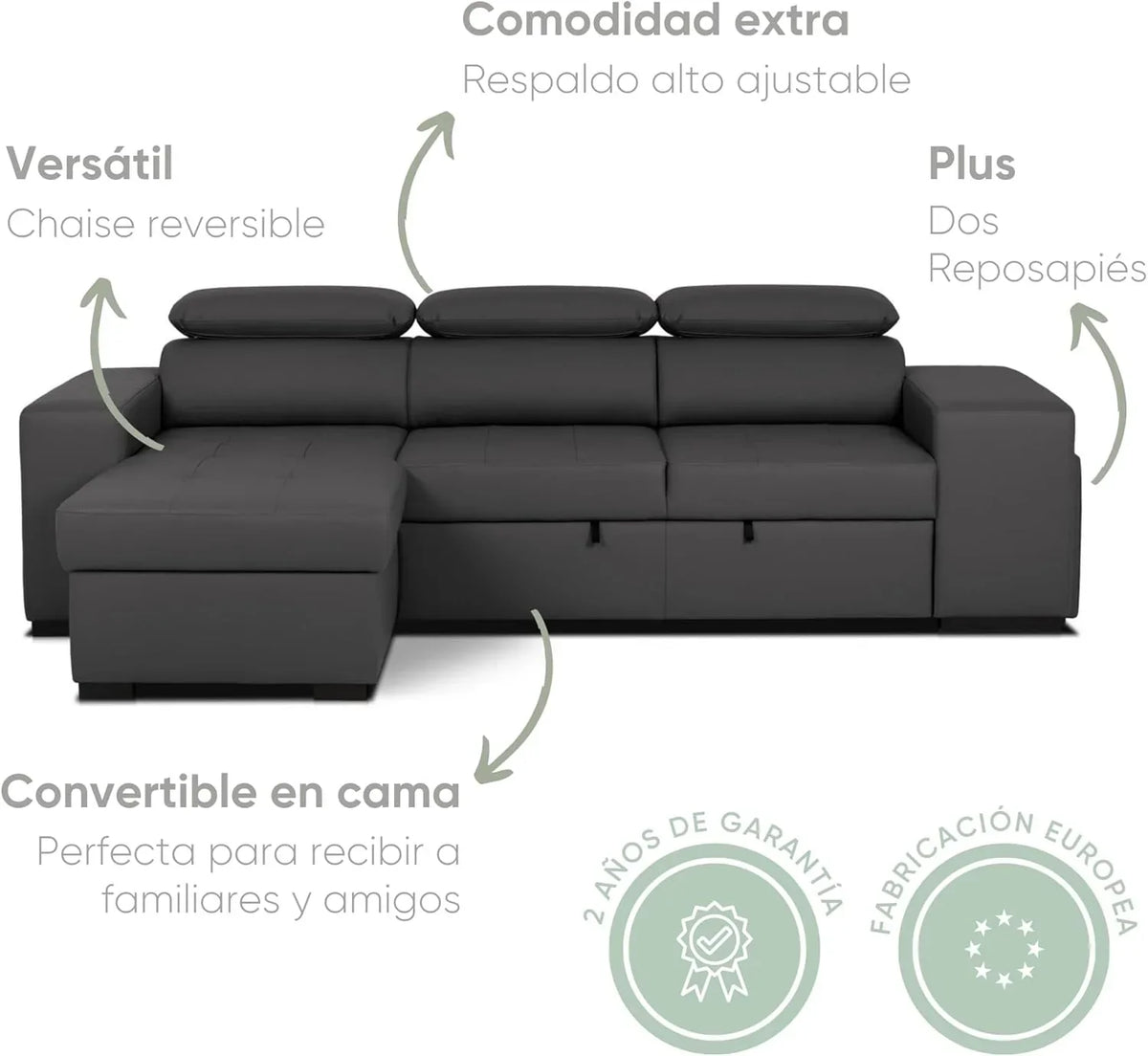 BUDWING John Sofá Cama Esquinero 4 Plazas - Chaise Longue Reversible, Reposacabezas Ajustable y 2 Pufs – Tapizado en Poliuretano – Estilo Moderno –