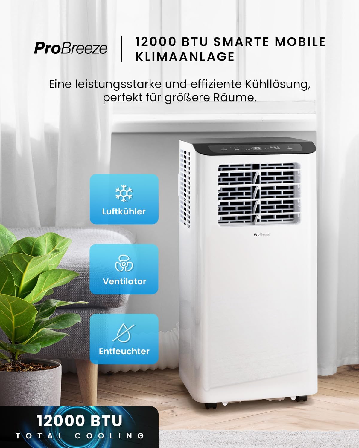 Pro Breeze 12000 BTU Mobile Klimaanlage (Räume bis 50m2) – Klimaanlage mobil mit App-Steuerung, Timer & LED-Display – inkl. Fensterabdichtung &