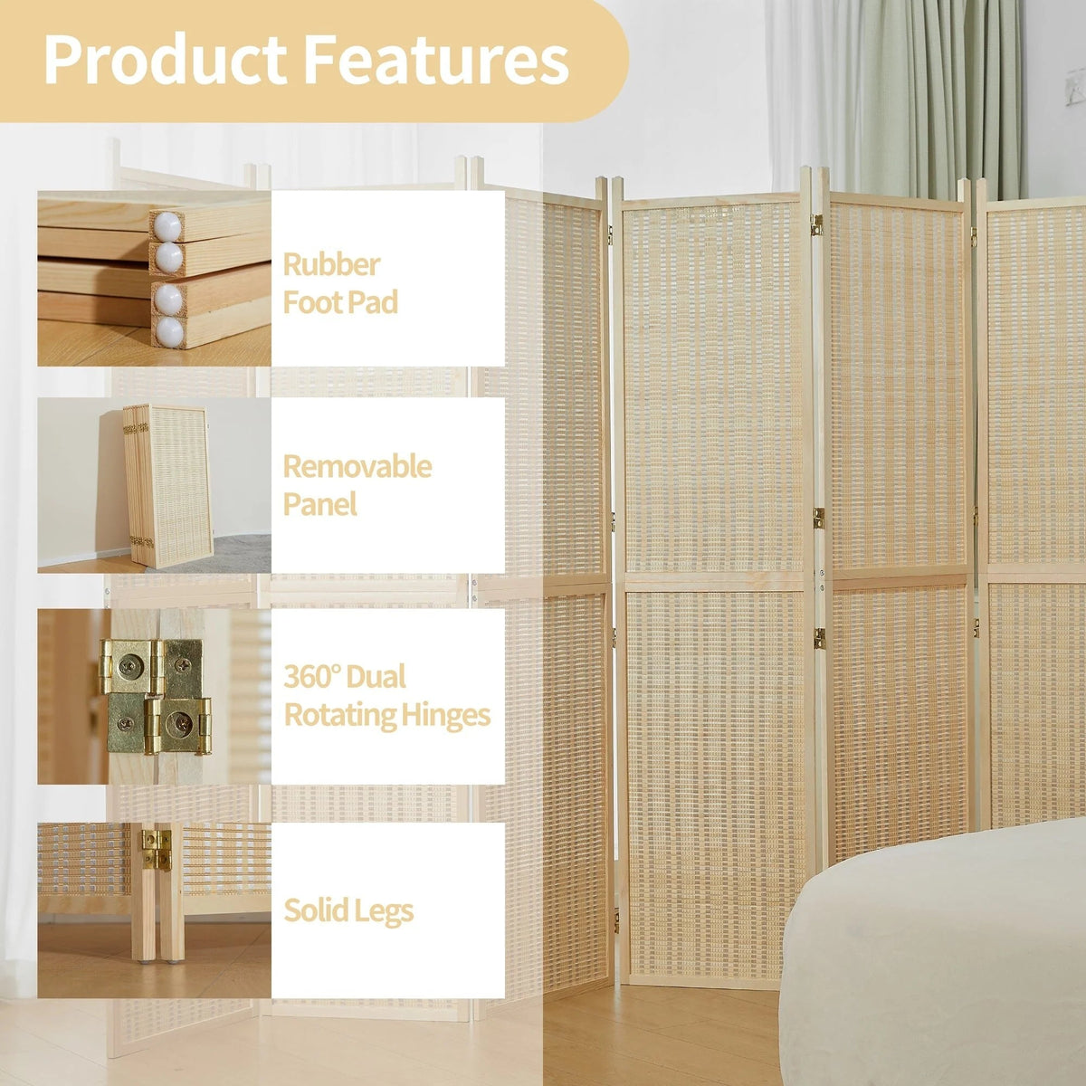4-Panel Bamboo Folding Partition Screen 6FT Detachable Room Divider