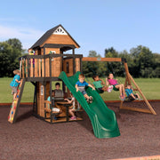 View Backyard Discovery Canyon Creek Cedar Wood Swing Set with Wave Slide, Clubhouse, Play Kitchen, Picnic Area, Belt Swings, Web Swing, Rock Wall, Balconies, Playhouse, Step Ladder, Outdoor Playset image 1