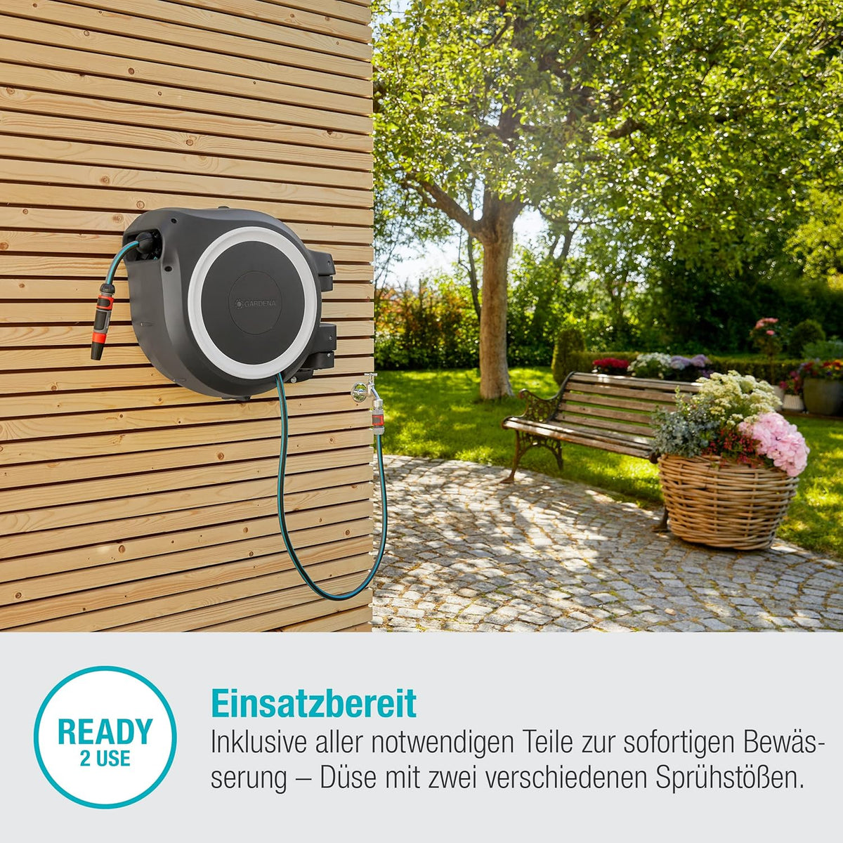 Gardena Original Wand-Schlauchbox RollUp L (weiß) 30 m: flexible Bewässerung für große Gärten, Schwenkbare Schlauchbox, inkl. 30 m Gardena